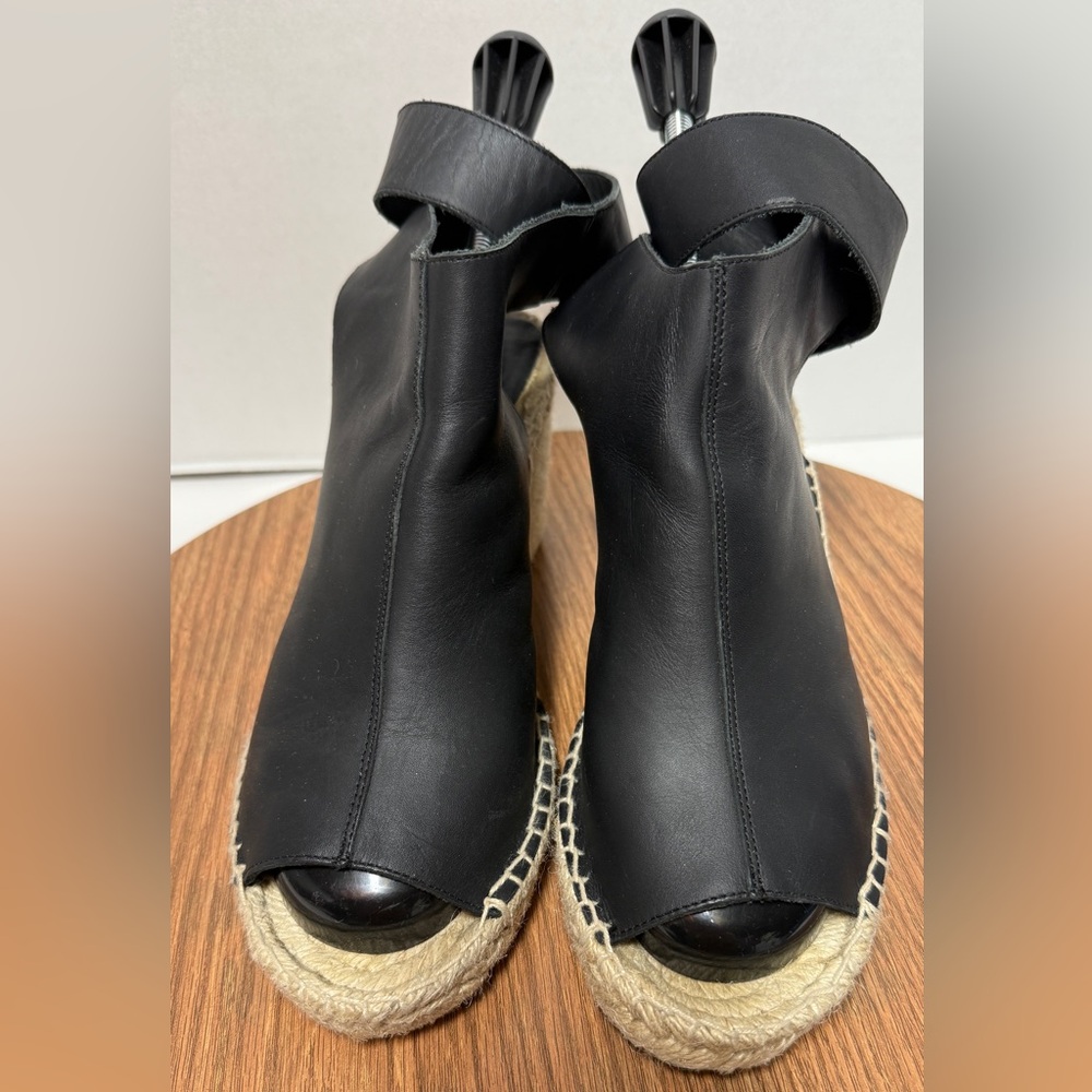 Vince Seymour Covered Black Leather Open Toe Espadrille Jute Wedge Sandal 9M